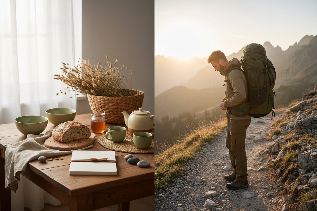 Randonneur ajustant la ceinture ventrale de son sac à dos sur un sentier de montagne
