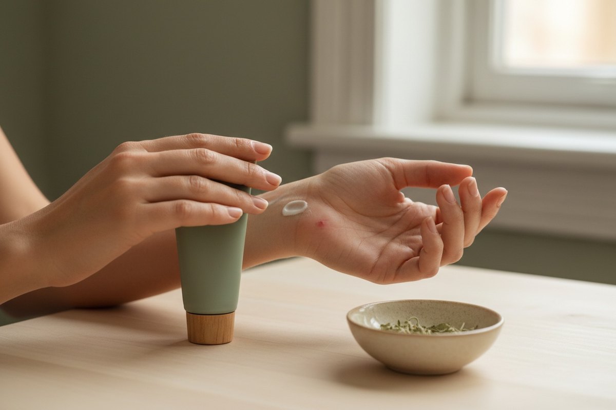 Application d'une crème cicatrisante sur une petite plaie du bras